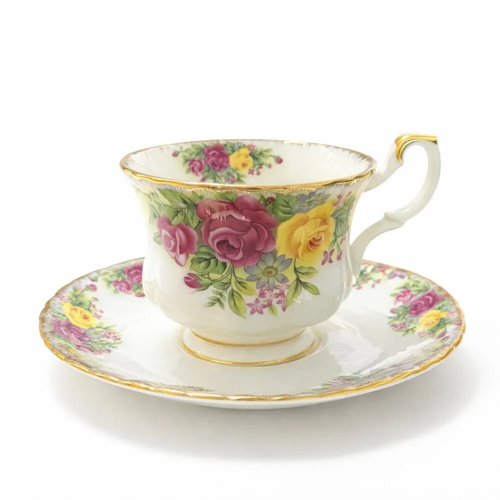 Set of Tea Cup and Saucer Roses Fine Porcelain RUI Handmade in P.R.C Original